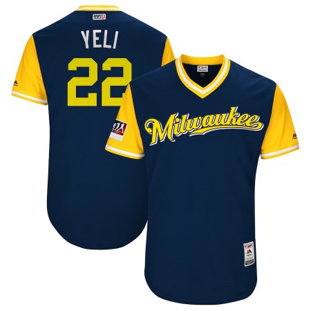 Men's Milwaukee Brewers #22 Christian Yelich "Yeli" Navy/Yellow 2018 Players' Weekend Stitched MLB Jersey