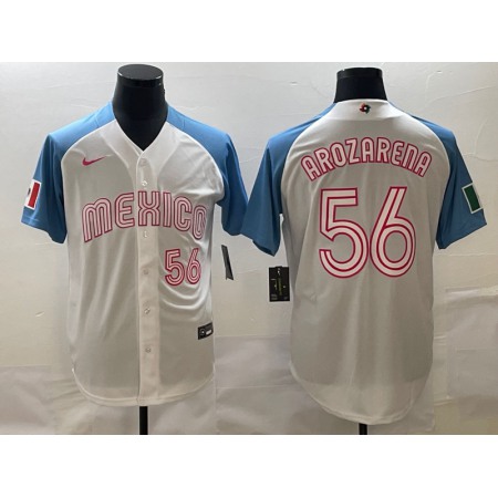 Men's Mexico Baseball #56 Randy Arozarena 2023 White Blue World Baseball Classic Stitched Jersey