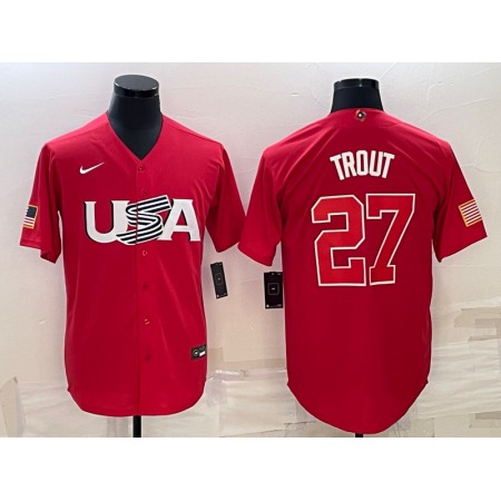 Men's USA Baseball #27 Mike Trout 2023 Red World Baseball Classic Stitched Jersey