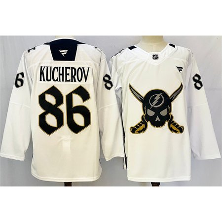 Men's Tampa Bay Lightning #86 Nikita Kucherov 2024-25 White Gasparilla inspired Pirate-themed Warmup Stitched Premium Jersey