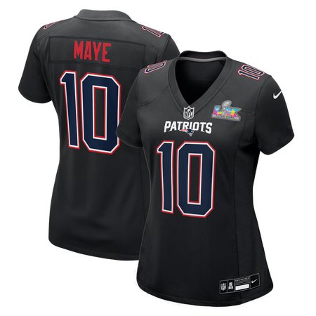 Women's New England Patriots #10 Drake Maye Black Super Bowl LX Patch Carbon Fashion Game Jersey