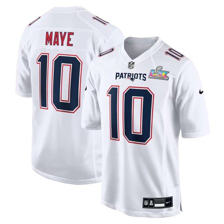 Youth New England Patriots #10 Drake Maye White Super Bowl LX Patch Tundra Fashion Game Jersey