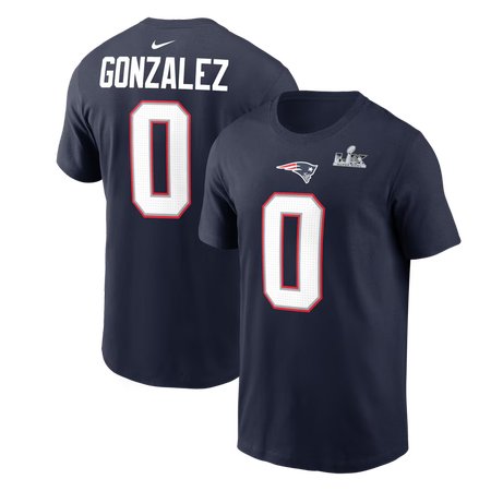 Men's New England Patriots #0 Christian Gonzalez Navy Super Bowl LX Patch Name & Number T-Shirt