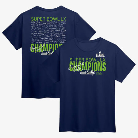 Men's Seattle Seahawks College Navy Super Bowl LX Champions Autograph Signing Roster T-Shirt