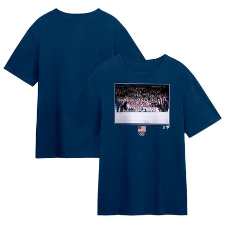 Men's Olympic Hockey Connor Hellebuyck Navy US Gold Medal Save T-Shirt