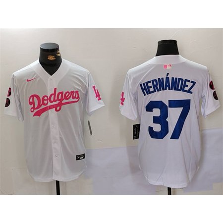 Men's Los Angeles Dodgers #37 Teoscar Hernandez White/Pink Vin & Kobe Patch Stitched Baseball Jersey