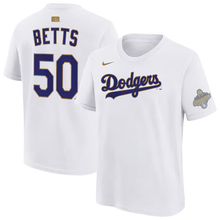 Men's Los Angeles Dodgers #50 Mookie Betts Nike White 2026 Gold Collection Name & Number T-Shirt