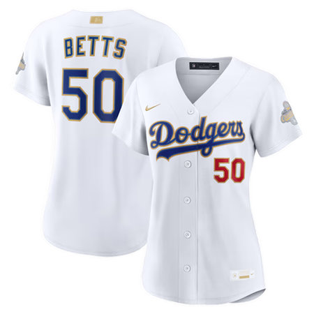 Women's Los Angeles Dodgers #50 Mookie Betts Nike White 2026 Gold Collection Stadium