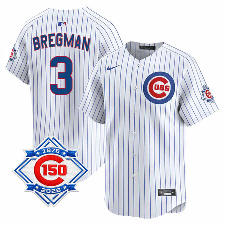 Men's Chicago Cubs #3 Alex Bregman White Nike Home Vapor Limited 150th Anniversary Authentic Lettering Jersey