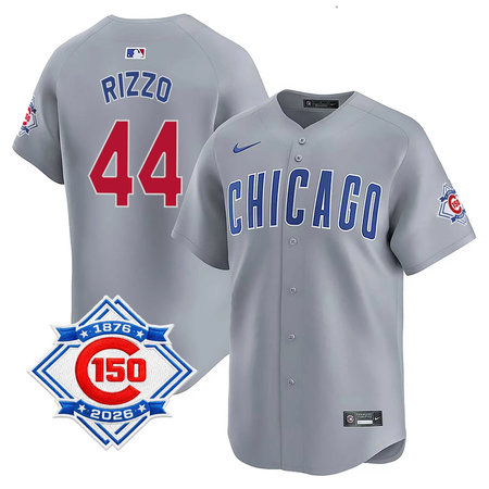Men's Chicago Cubs #44 Anthony Rizzo Grey Nike Road Vapor Limited 150th Anniversary Authentic Lettering Jersey