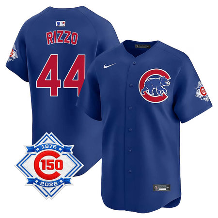 Men's Chicago Cubs #44 Anthony Rizzo Royal Nike Alternate Vapor Limited 150th Anniversary Authentic Lettering Jersey