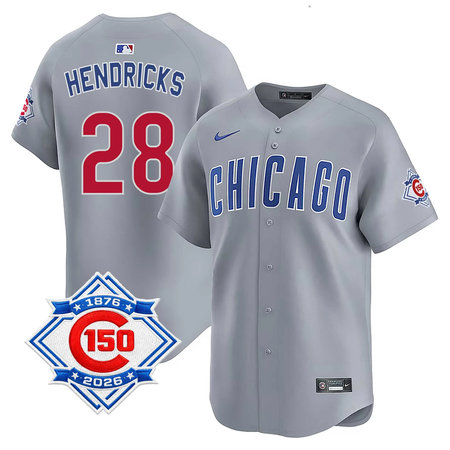 Men's Chicago Cubs #28 Kyle Hendricks Grey Nike Road Vapor Limited 150th Anniversary Authentic Lettering Jersey
