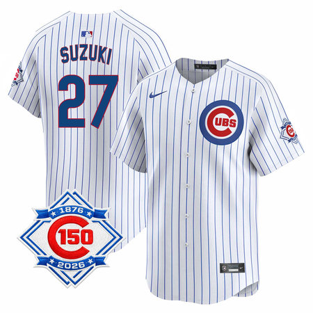 Youth Chicago Cubs #27 Seiya Suzuki White Nike Home Vapor Limited 150th Anniversary Authentic Lettering Jersey