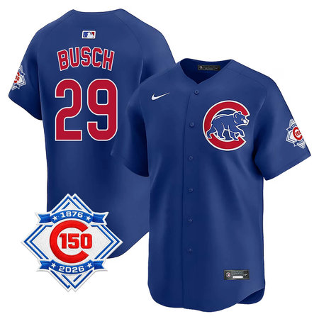 Youth Chicago Cubs #29 Michael Busch Royal Nike Alternate Vapor Limited 150th Anniversary Authentic Lettering Jersey