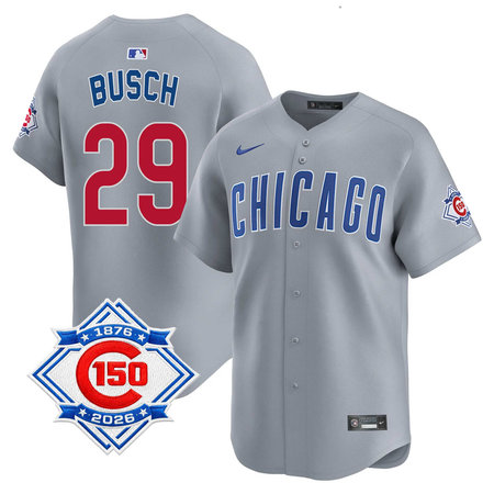 Youth Chicago Cubs #29 Michael Busch Grey Nike Road Vapor Limited 150th Anniversary Authentic Lettering Jersey