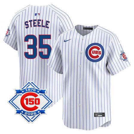 Men's Chicago Cubs #35 Justin Steele White Nike Home Vapor Limited 150th Anniversary Authentic Lettering Jersey