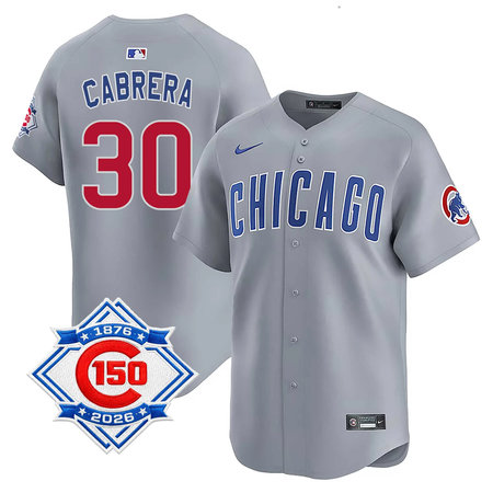 Youth Chicago Cubs #30 Edward Cabrera Grey Nike Road Vapor Limited 150th Anniversary Authentic Lettering Jersey