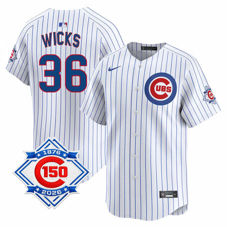 Men's Chicago Cubs #36 Jordan Wicks White Nike Home Vapor Limited 150th Anniversary Authentic Lettering Jersey