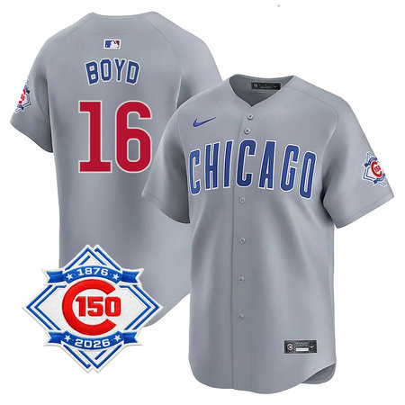 Men's Chicago Cubs #16 Matthew Boyd Grey Nike Road Vapor Limited 150th Anniversary Authentic Lettering Jersey