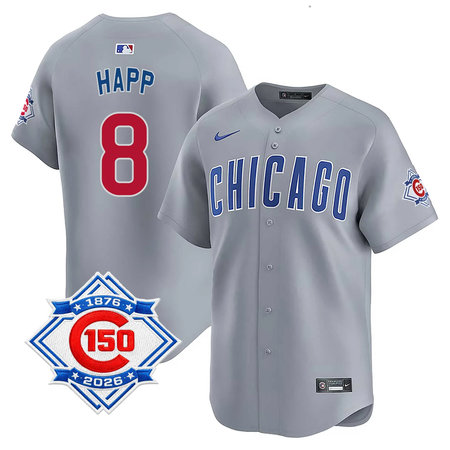 Youth Chicago Cubs #8 Ian Happ Grey Nike Road Vapor Limited 150th Anniversary Authentic Lettering Jersey