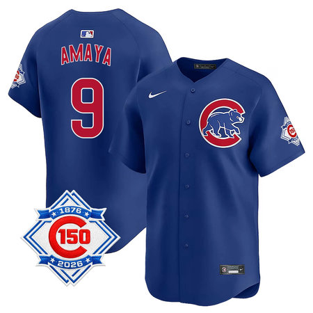 Men's Chicago Cubs #9 Miguel Amaya Royal Nike Alternate Vapor Limited 150th Anniversary Authentic Lettering Jersey
