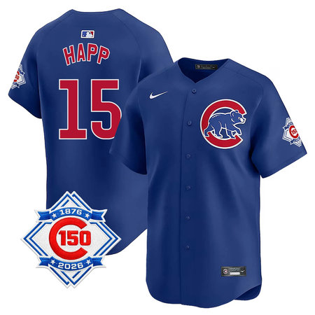 Men's Chicago Cubs #15 Ian Happ Royal Nike Alternate Vapor Limited 150th Anniversary Authentic Lettering Jersey