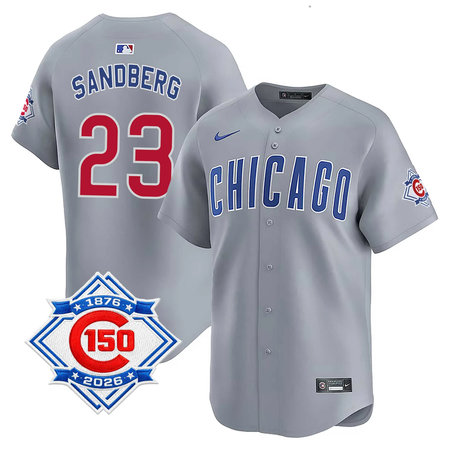 Men's Chicago Cubs #23 Ryne Sandberg Grey Nike Road Vapor Limited 150th Anniversary Authentic Lettering Jersey