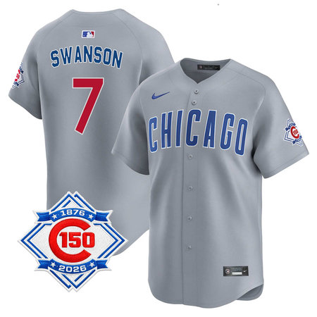 Youth Chicago Cubs #7 Dansby Swanson Grey Nike Road Vapor Limited 150th Anniversary Authentic Lettering Jersey
