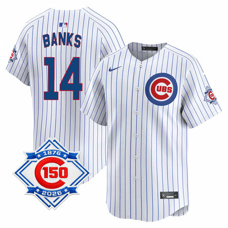 Men's Chicago Cubs #14 Ernie Banks White Nike Home Vapor Limited 150th Anniversary Authentic Lettering Jersey