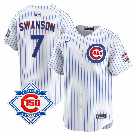 Youth Chicago Cubs #7 Dansby Swanson White Nike Home Vapor Limited 150th Anniversary Authentic Lettering Jersey