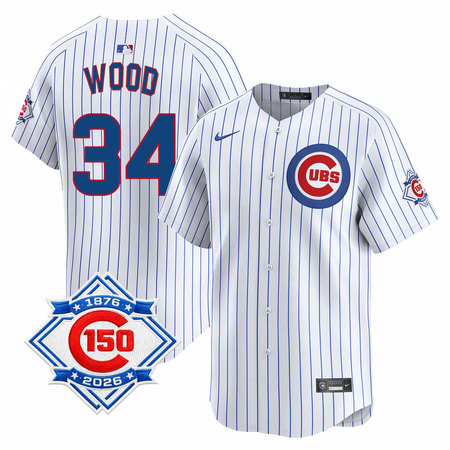 Men's Chicago Cubs #34 Kerry Wood White Nike Home Vapor Limited 150th Anniversary Authentic Lettering Jersey