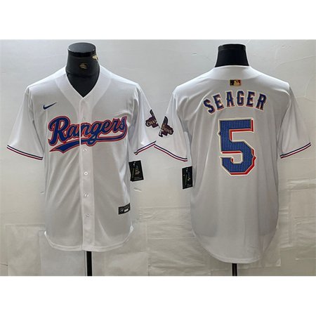 Men's Texas Rangers #5 Corey Seager White Gold Cool Base Stitched Baseball Jersey