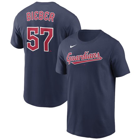 Men's Cleveland Guardians #57 Shane Bieber Nike Navy Name & Number T-Shirt
