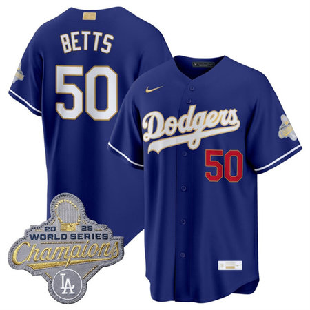 Men's Los Angeles Dodgers #50 Mookie Betts Royal 2026 Alternate Gold Collection Stadium Jersey