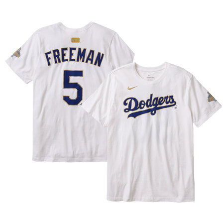 Men's Los Angeles Dodgers #5 Freddie Freeman Nike White 2026 Gold Collection Name & Number T-Shirt