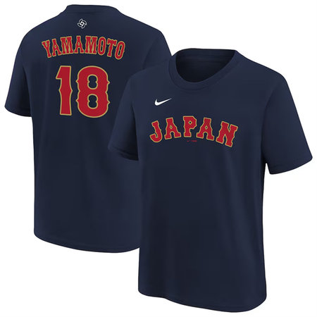 Men's Japan Baseball #18 Yoshinobu Yamamoto Navy 2026 World Baseball Classic Name & Number T-Shirt