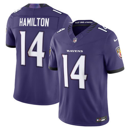 Men's Baltimore Ravens #14 Kyle Hamilton Nike Purple Vapor F.U.S.E. Sewn Down Limited Jersey