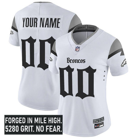 Women's Denver Broncos White 2025 F.U.S.E. With 1-Star C Patch "Gothic Mile High Shadows Edition" Vapor Limited Stitched Football Custom Jersey