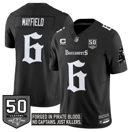 Men's Tampa Bay Buccaneers #6 Baker Mayfield Black F.U.S.E. 50th Season & 4-Star C Patch "Gothic Pirate Shadows Edition" Limited Stitched Football Jersey