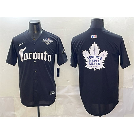 Men's Toronto Blue Jays & Leafs Black 2025 World Series With White Leafs Logo Gothic North Edition Limited Stitched Baseball Jersey