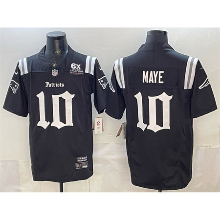 Men's New England Patriots #10 Drake Maye Black F.U.S.E. With 6x Super Bowl Champions Patch Gothic Revolution Edition Stitched Football Jersey