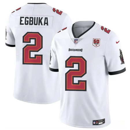 Youth Tampa Bay Buccaneers #2 Emeka Egbuka White 50th Anniversary Patch Vapor Untouchable Limited Stitched Football Jersey