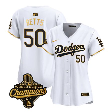 Women's Los Angeles Dodgers #50 Mookie Betts Nike White Golden 2025 World Series Champions Home Limited Jersey