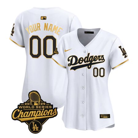 Women's Los Angeles Dodgers Custom White Golden 2025 World Series Champions Home Limited Jersey