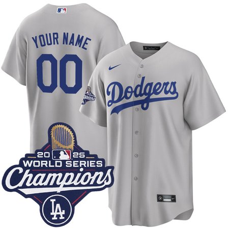 Men's Los Angeles Dodgers Custom Nike Gray 2025 World Series Champions Home Replica Jersey