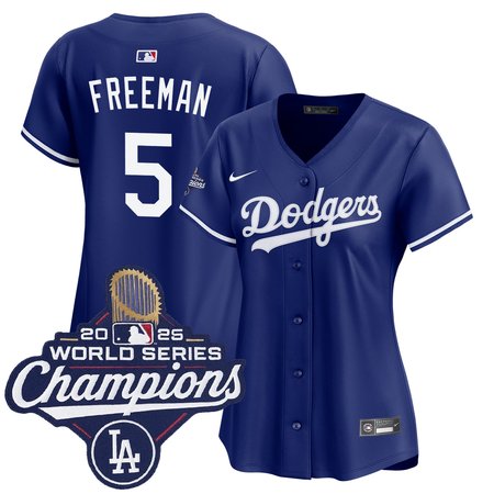 Women's Los Angeles Dodgers #5 Freddie Freeman Nike Royal 2025 World Series Champions Home Replica Jersey