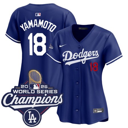 Women's Los Angeles Dodgers #18 Yoshinobu Yamamoto Nike Royal 2025 World Series Champions Home Limited Jersey