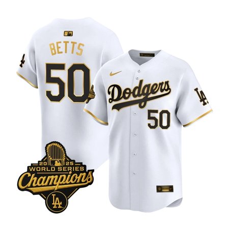 Men's Los Angeles Dodgers #50 Mookie Betts Nike White Golden 2025 World Series Champions Home Limited Jersey