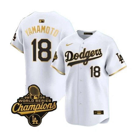 Youth Los Angeles Dodgers #18 Yoshinobu Yamamoto Nike White Golden 2025 World Series Champions Home Limited Jersey