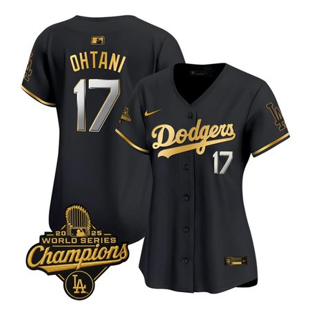 Women's Los Angeles Dodgers #17 Shohei Ohtani Nike Black Golden 2025 World Series Champions Home Limited Jersey